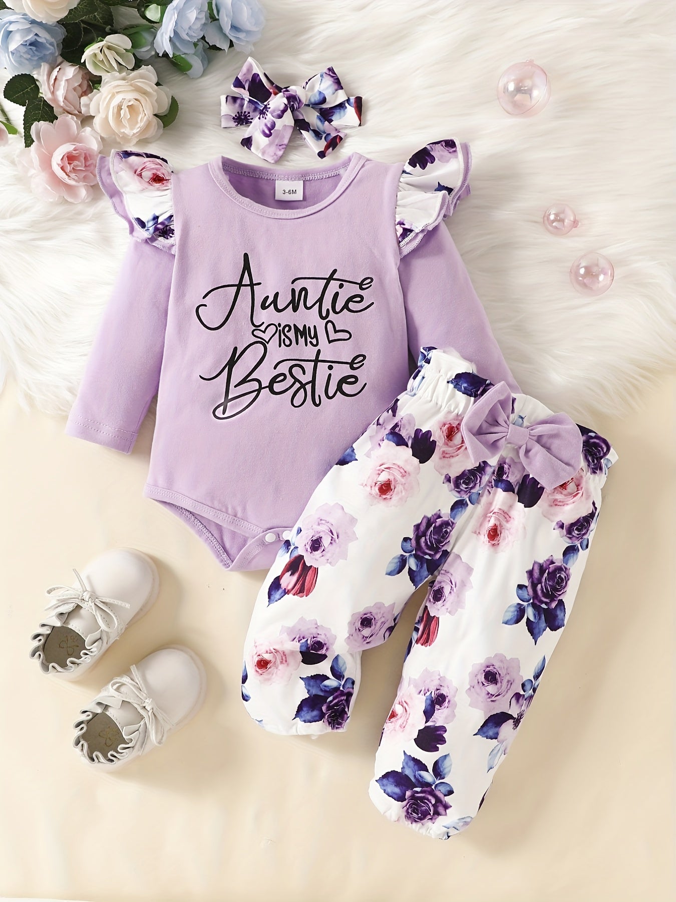 Cute Baby Girls 3 Piece Outfit Squirrel Print Ruffle Sleeve Bodysuit Pants & Hea