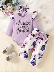 Cute Baby Girls 3 Piece Outfit Squirrel Print Ruffle Sleeve Bodysuit Pants & Hea