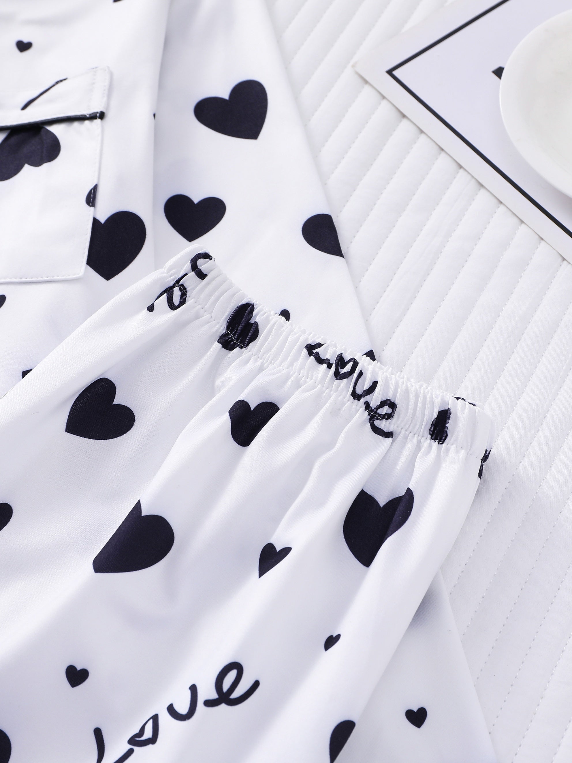 Heart Print Pajama Set Long Sleeve Buttons Top & Elastic Waistband Pants