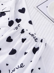 Heart Print Pajama Set Long Sleeve Buttons Top & Elastic Waistband Pants