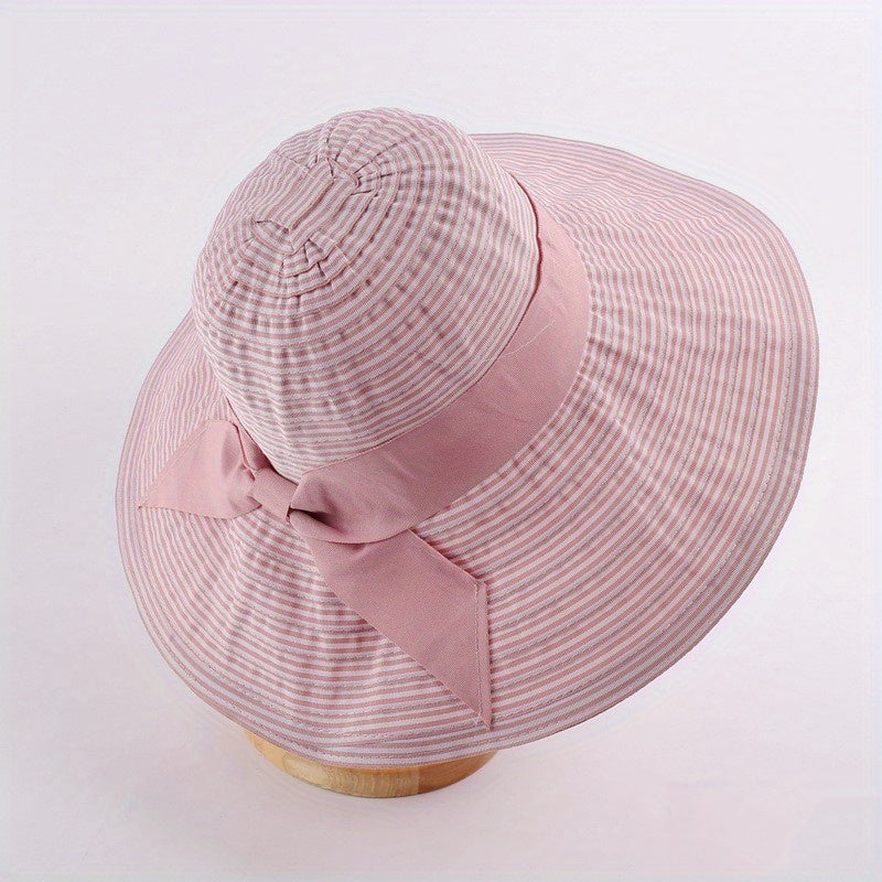Striped Sun Hat with Bow UV Protection Bucket Hat