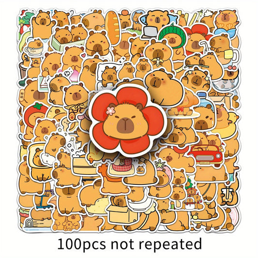 100pcs Capybara Vinyl Stickers for DIY Water Bottles Laptops, Brown, Waterproof