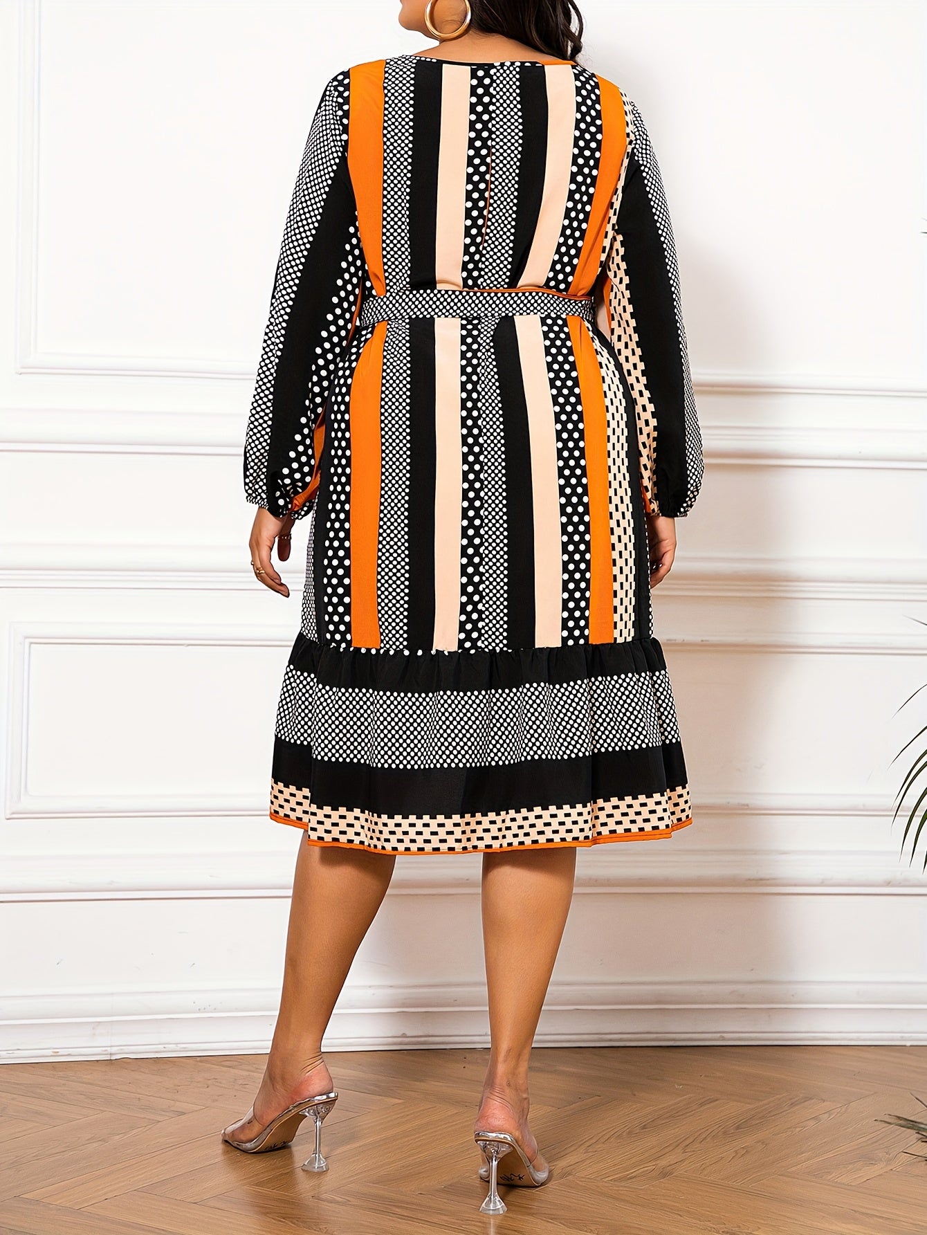 Women's Plus Colorblock Dot & Geometric Print Dress With Lantern Sleeves
