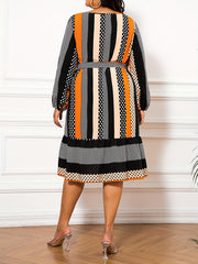 Women's Plus Colorblock Dot & Geometric Print Dress With Lantern Sleeves