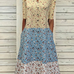  Colorblock Ditsy Print Notched Neck Dress