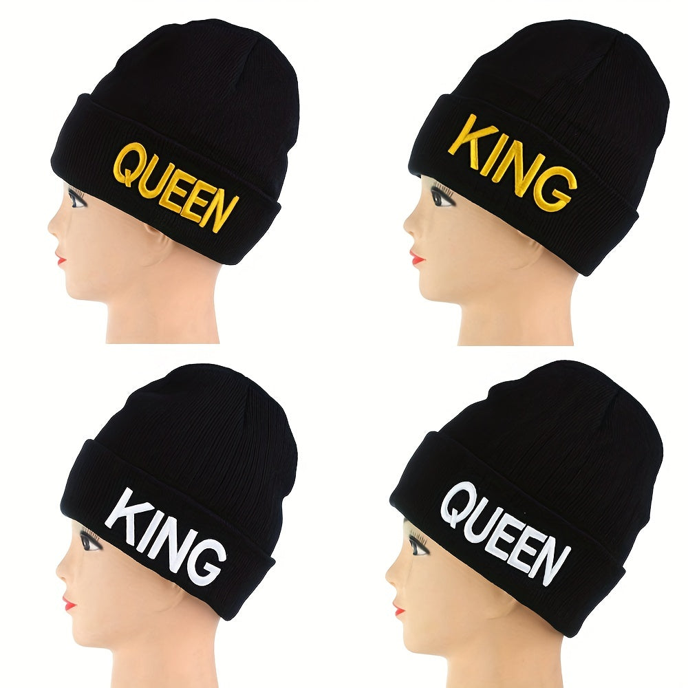 KING QUEEN Embroidery Beanie Solid Couple Knit Hat Elastic Skull Cap