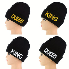 KING QUEEN Embroidery Beanie Solid Couple Knit Hat Elastic Skull Cap
