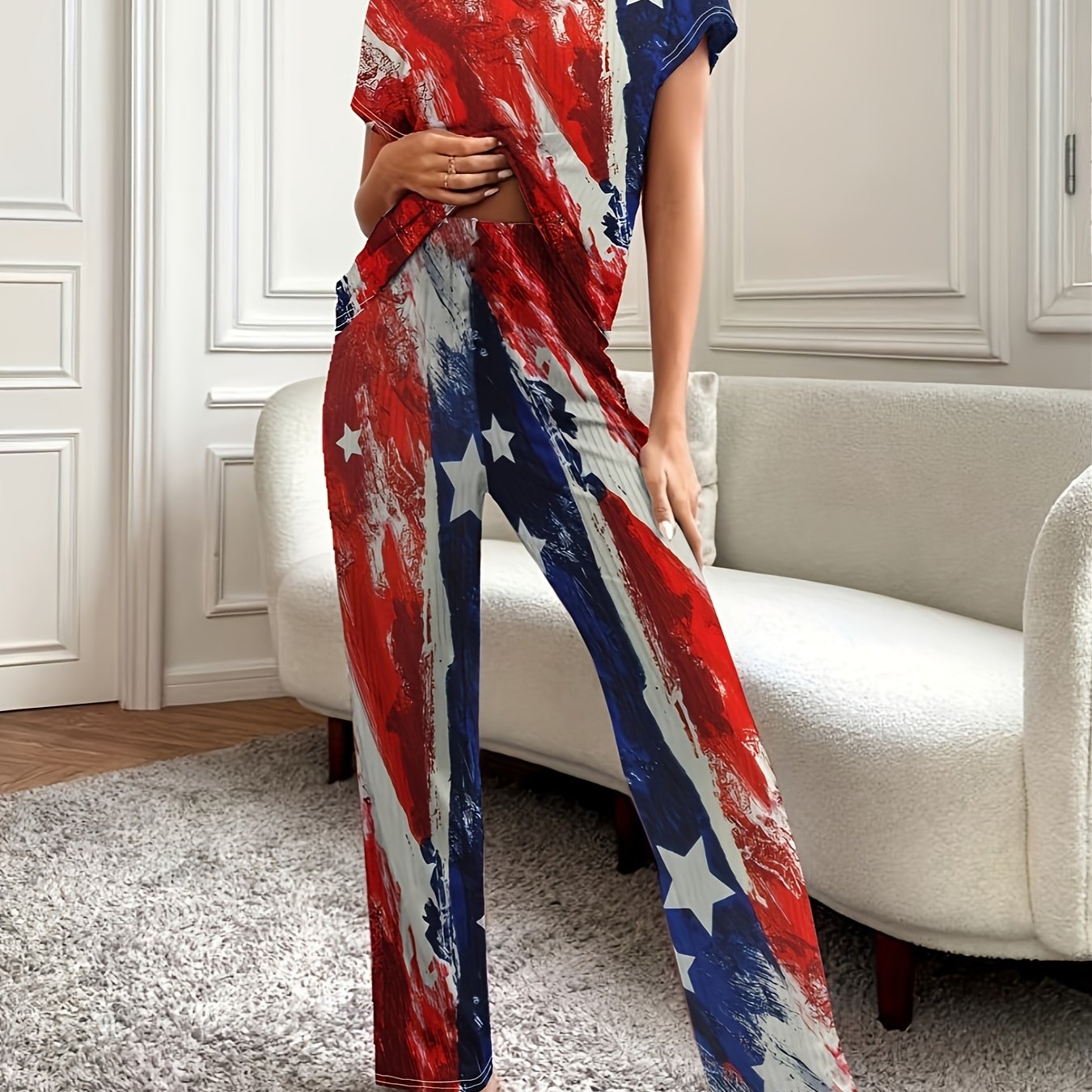 Women's Plus Flag Patterned Pajama Set, Independence Casual