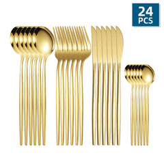 24 Pcs Golden Stainless Steel Cutlery Set Mirror Flatware Portuguese Spoon