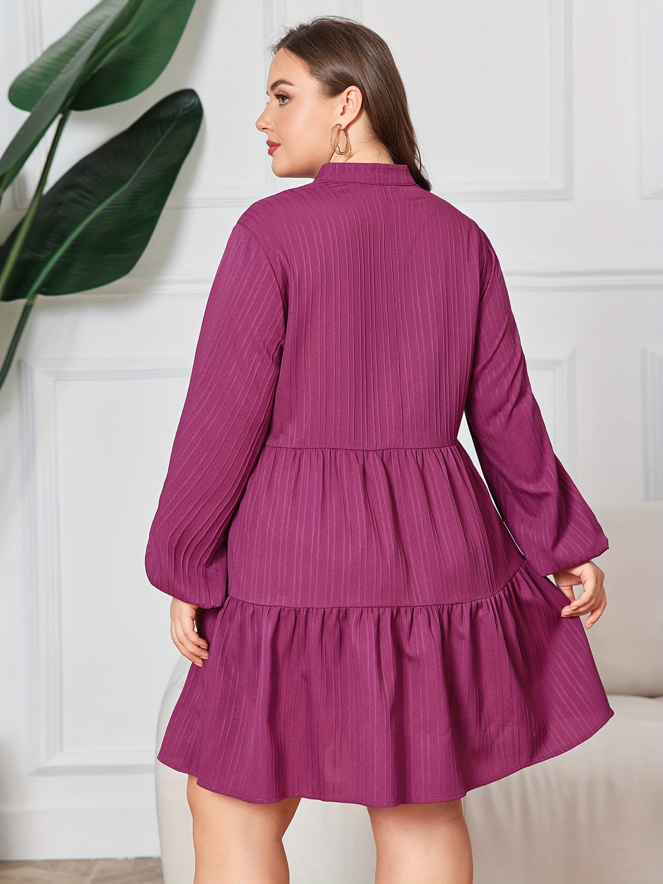 Plus Size Casual Dress Women's Plus Solid Lantern Sleeve Notched Neck