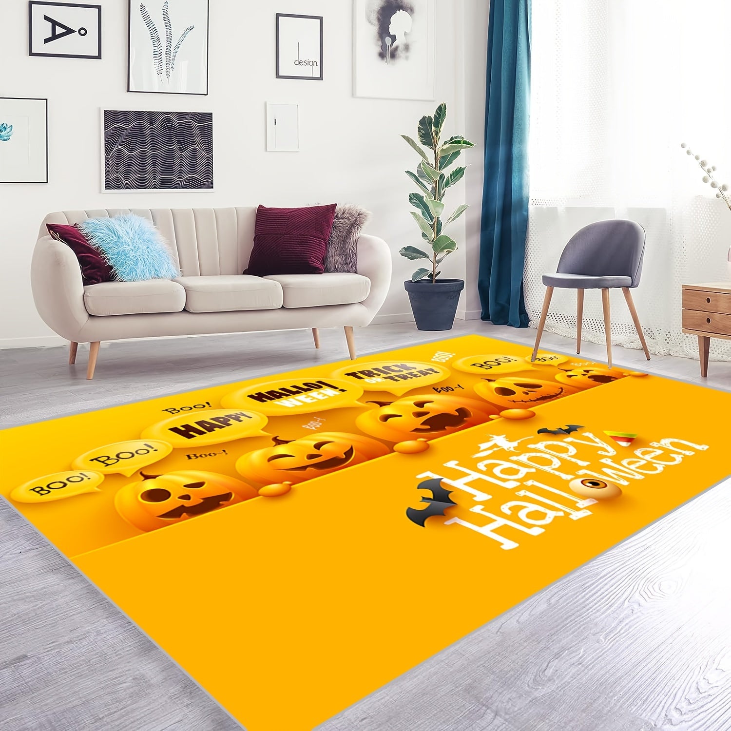 Yellow Pumpkin Pattern Carpet Easy to Clean Living Room Kitchen Fall Decor