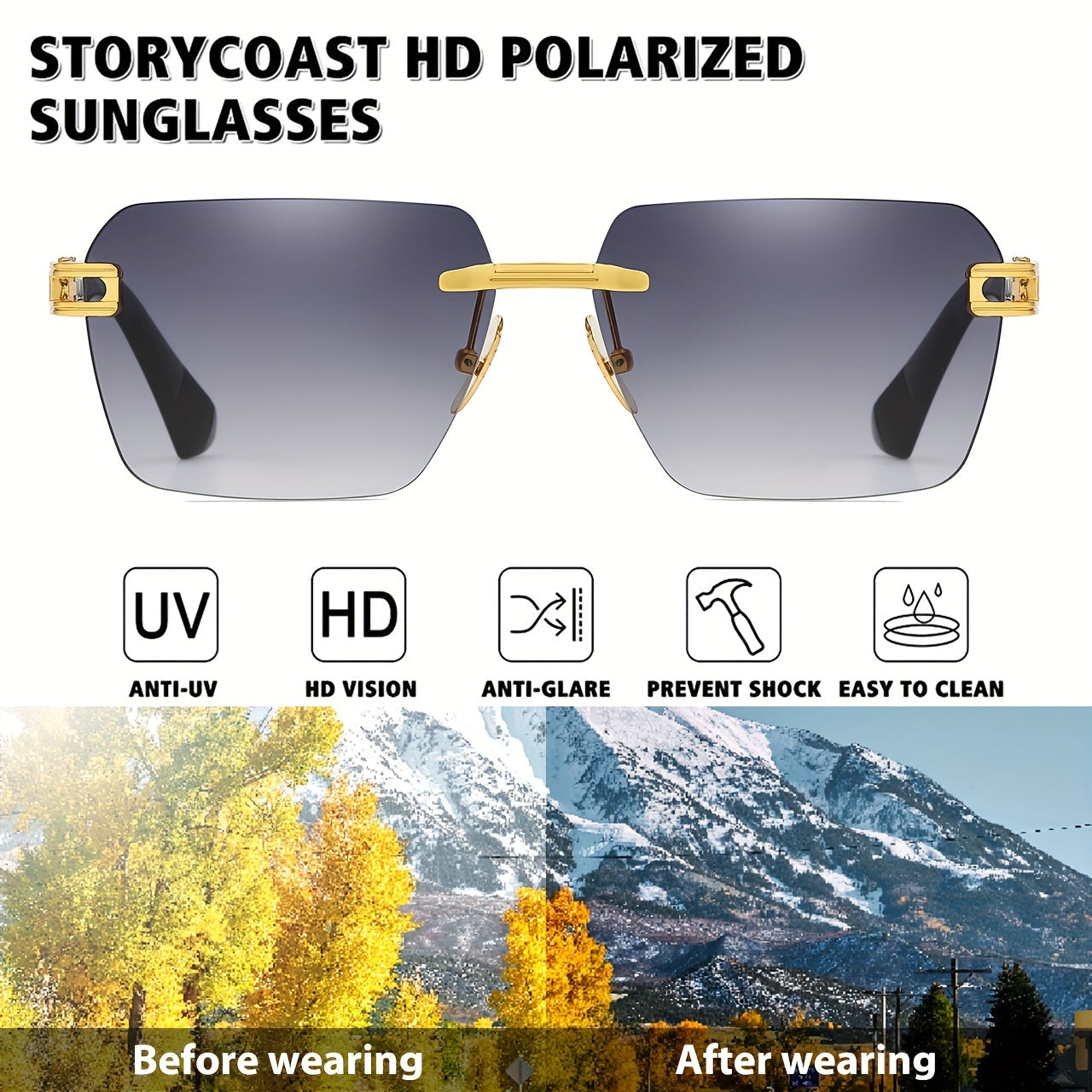 Men's Rectangular Metal Rimless Sunglasses