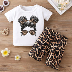2pcs Baby Girls Leopard & Figure Print Tee Top & Shorts Set