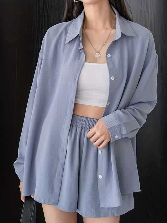 Solid Two piece Set Long Sleeve Shirt & Loose Shorts Outfits