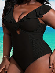  Solid Ruffle Trim One Piece Swimsuit