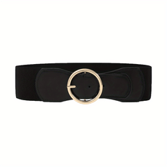 Wide PU Belt with Round Buckle Elastic Waistband