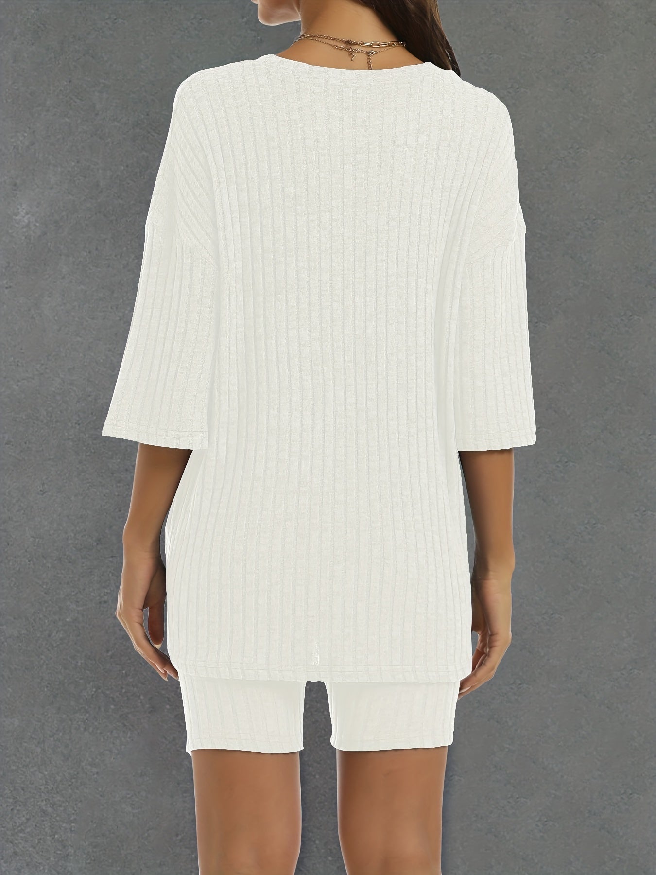 Minimalist Solid Ribbed Set Drop Shoulder Crew Neck Tops & Slim Shorts