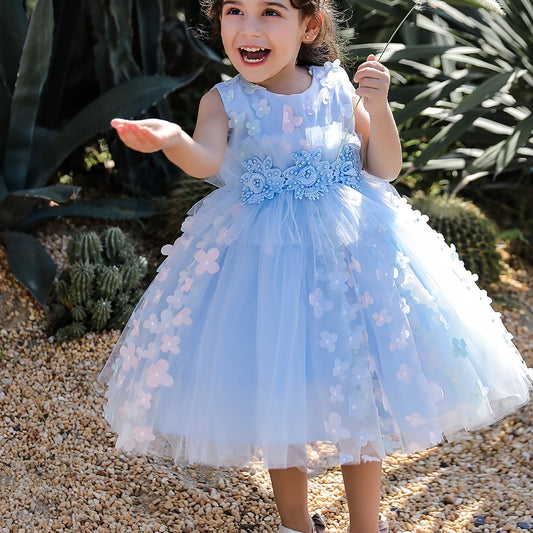 Girls Butterfly Decor Sleeveless Mesh Princess Dress