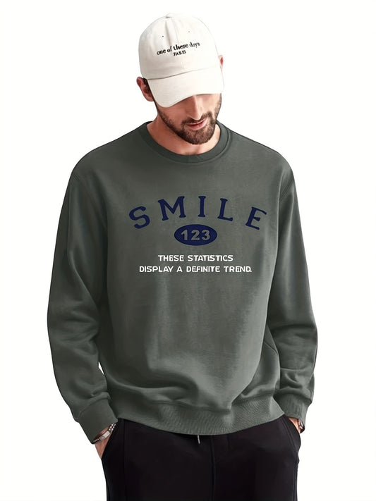SMILE Print Sweatshirt Men's Casual Graphic Crew Neck Pullover Sweatshirt