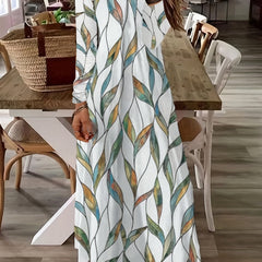Women's Plus Leaf Print Long Sleeve Maxi Dress