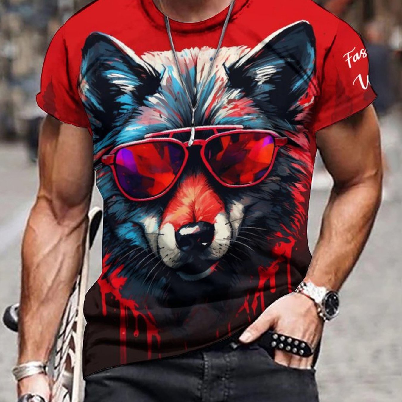 Men's Colorful Wolf Graphic Tee - Outdoor Casual Stretch T-shirt