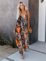 Leopard Print Wide Leg Cami Jumpsuit Boho Sleeveless Jumpsuit