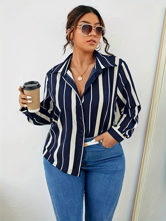  Stripe Print Long Sleeve Button Up Shirt Top