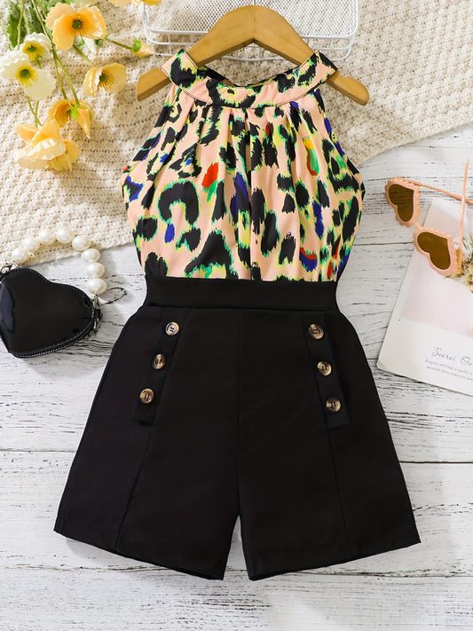 2pcs Toddler Girls Cow Graphic Halter Top & Double Breasted Shorts Set