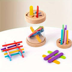 Wooden Sorting Cup Toy Shape Recognition Puzzle Acrylic Pens Natural Wood Finish