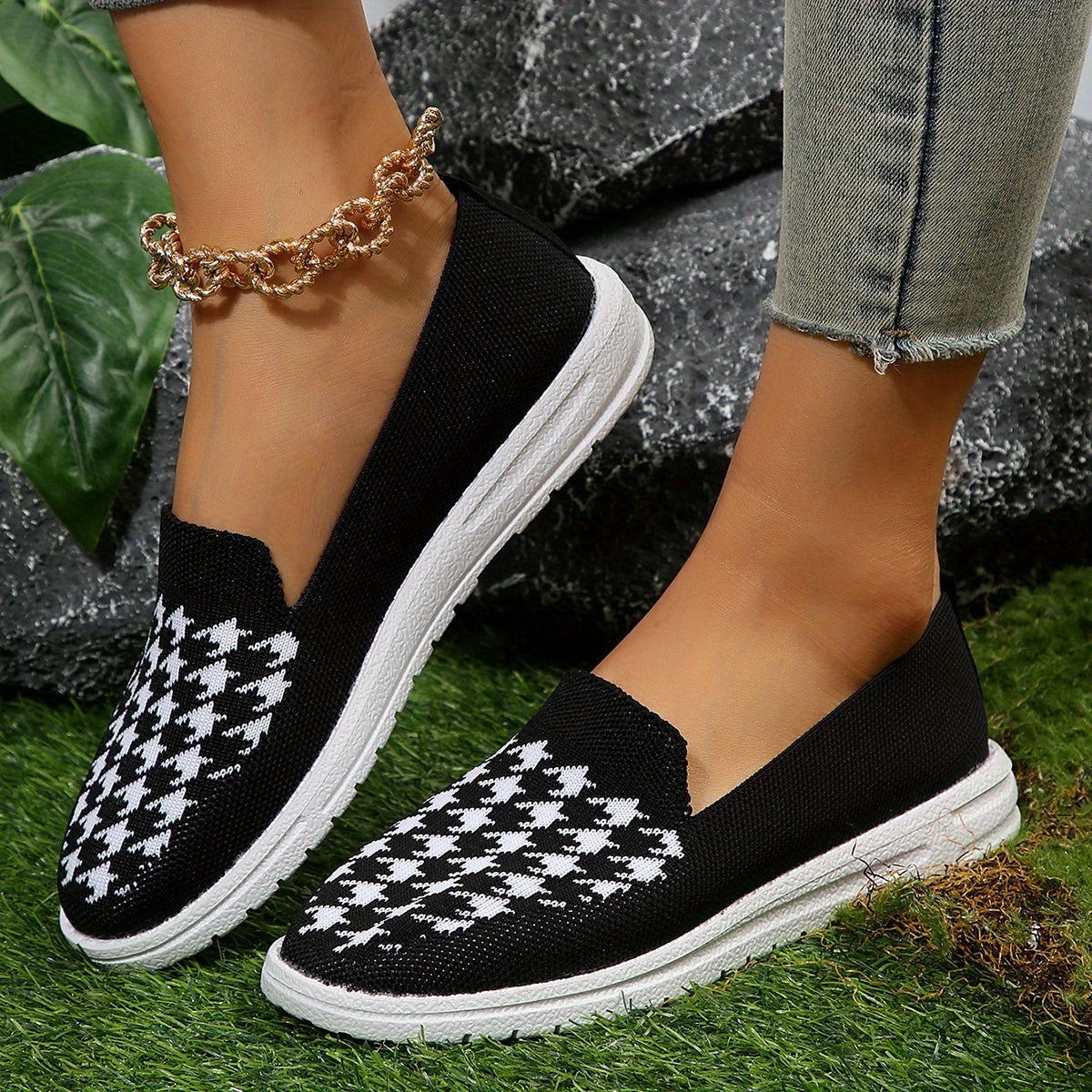 Women's Houndstooth Slip On Loafers Round Toe Non-slip Casual Shoes