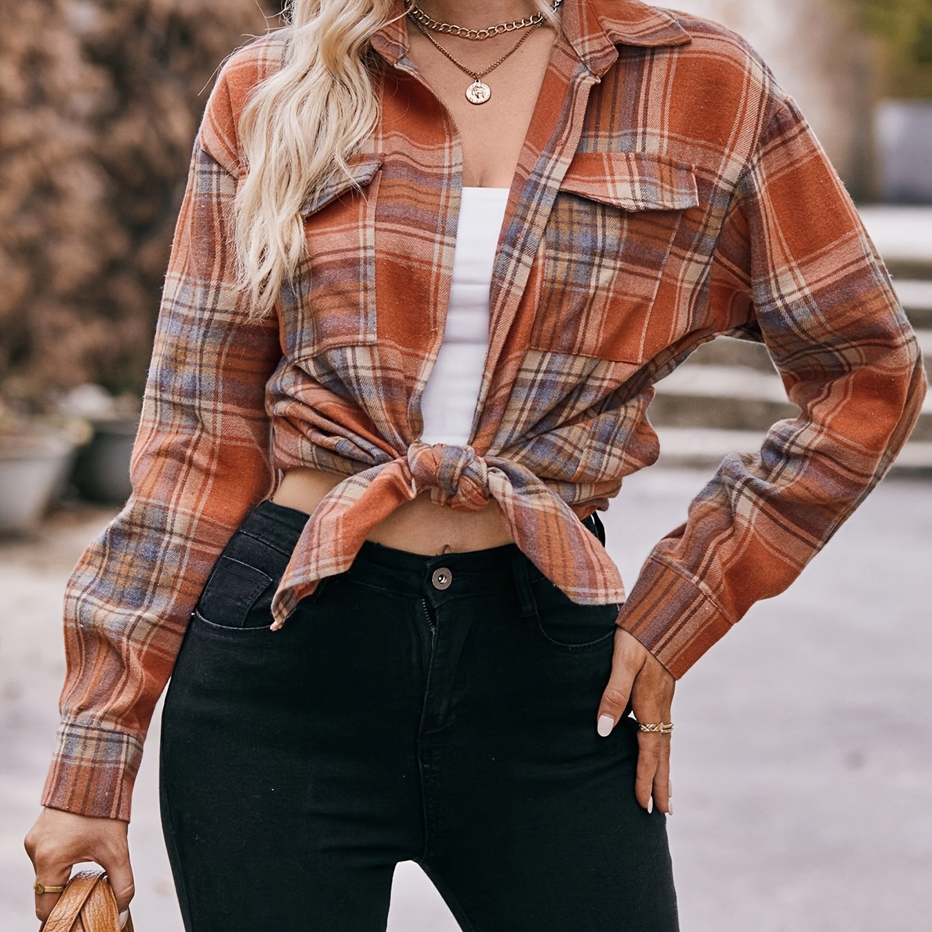  Plaid Print Long Sleeve Button Up Tunic Shirt