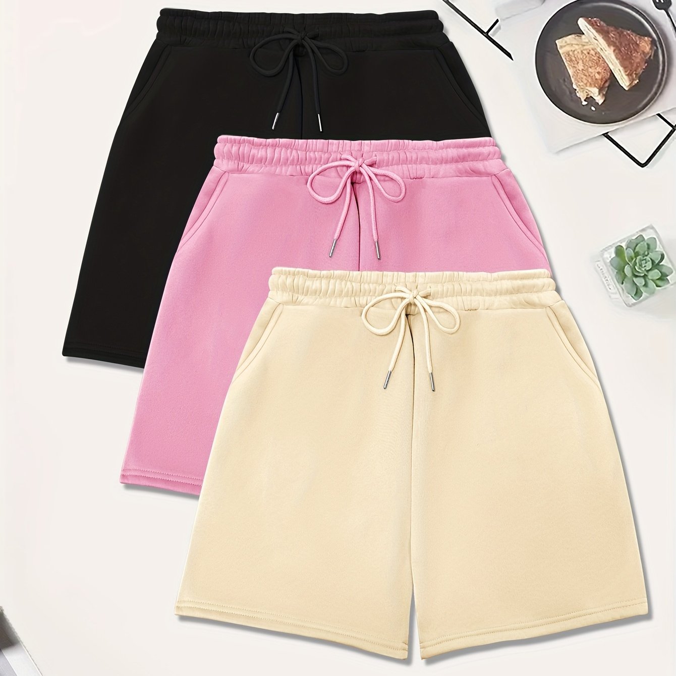 3-Pack Plus Size Casual Shorts Set Women's Plus Elastic Drawstring Fleece
