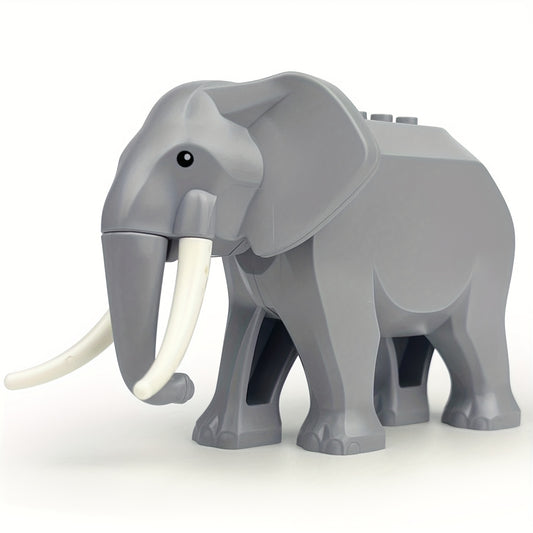 Gray Elephant Building Block Toy Model - Realistic Trunk and Tusks