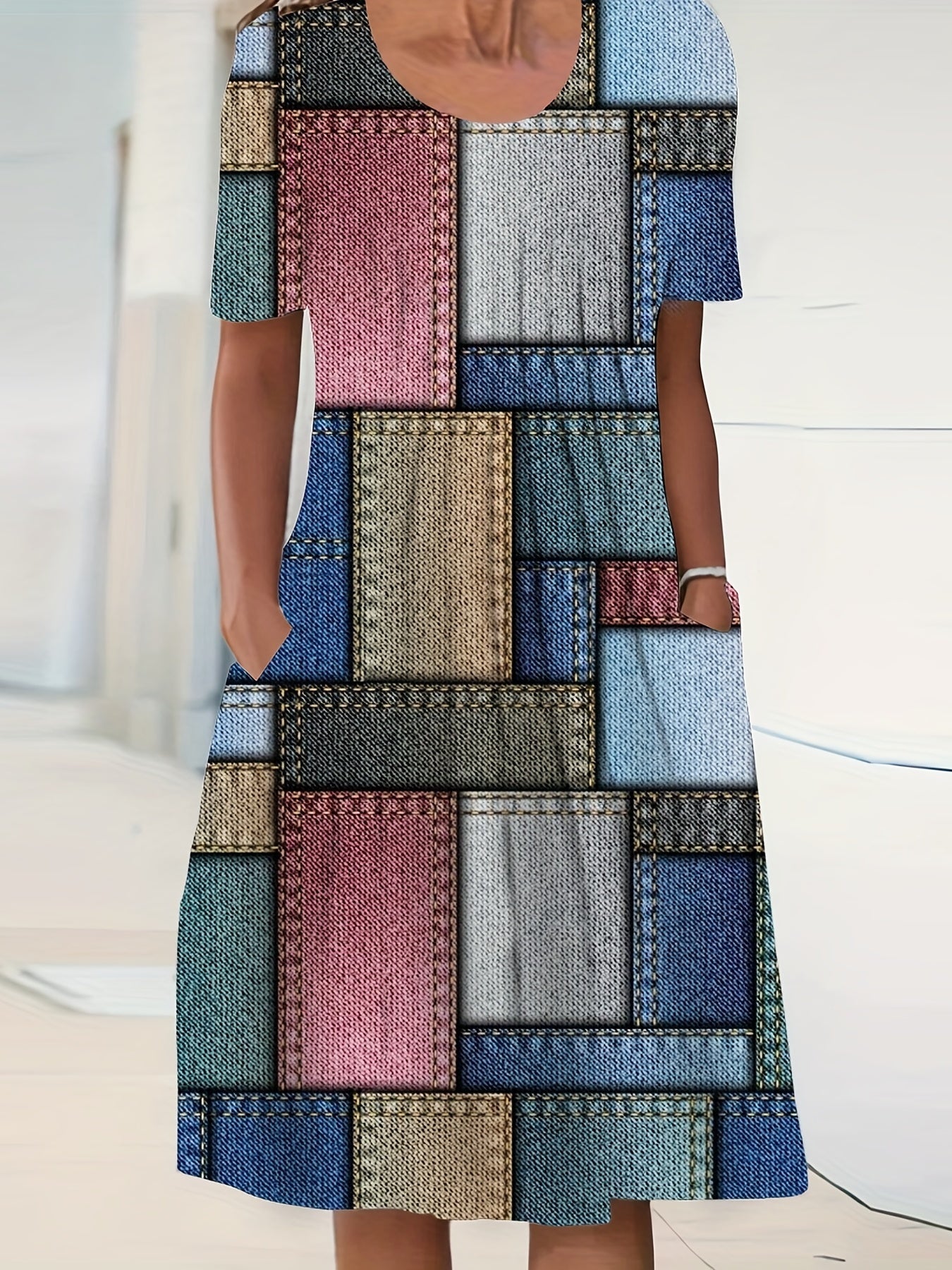  Colorblock Short Sleeve Dress with Pockets