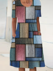  Colorblock Short Sleeve Dress with Pockets