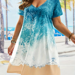 Sea Print Short Sleeve V Neck Plus Size Dress