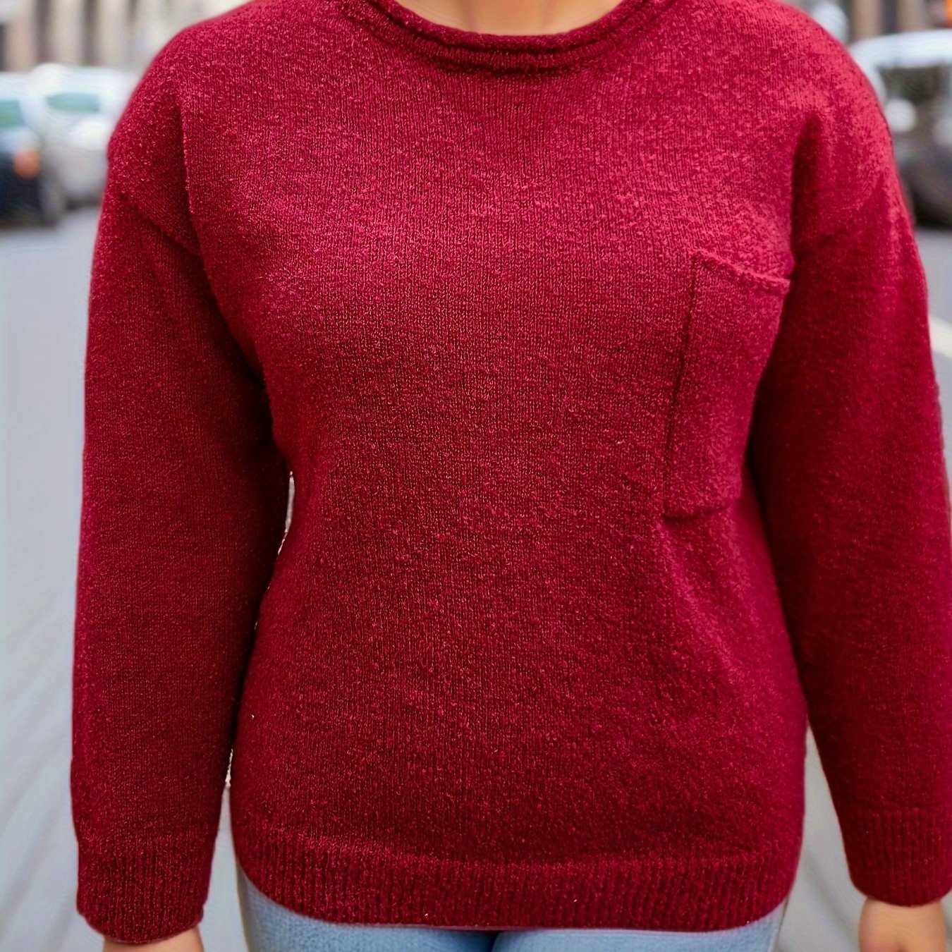  Casual Sweater Women's Plus Solid Long Sleeve Round Neck Jumper