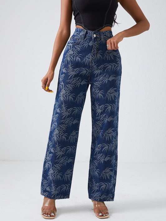 Leaf Print Straight Jeans High Waist Denim Pants