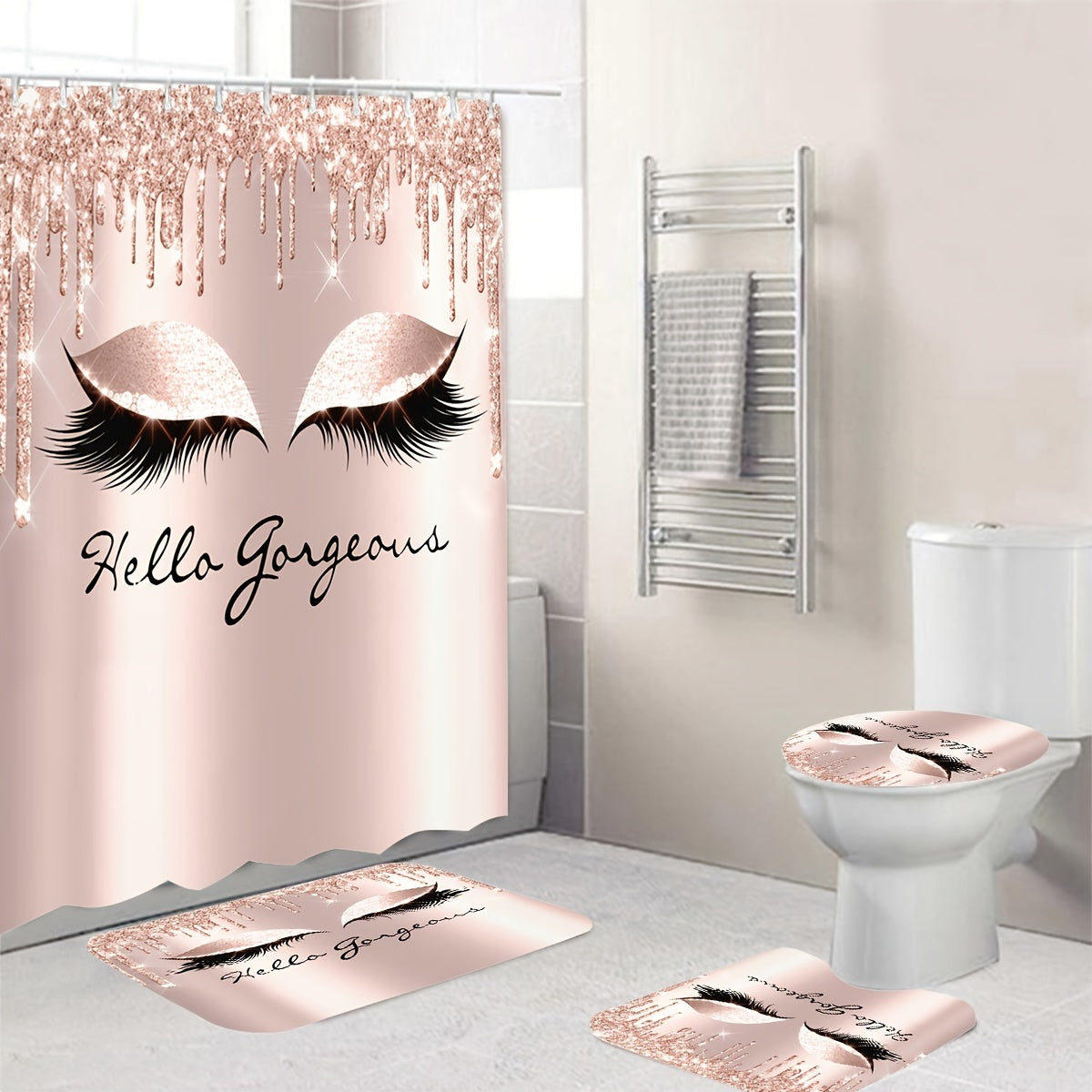 Glitter Eyelash Bathmat & Shower Curtain Set with 12 Hooks