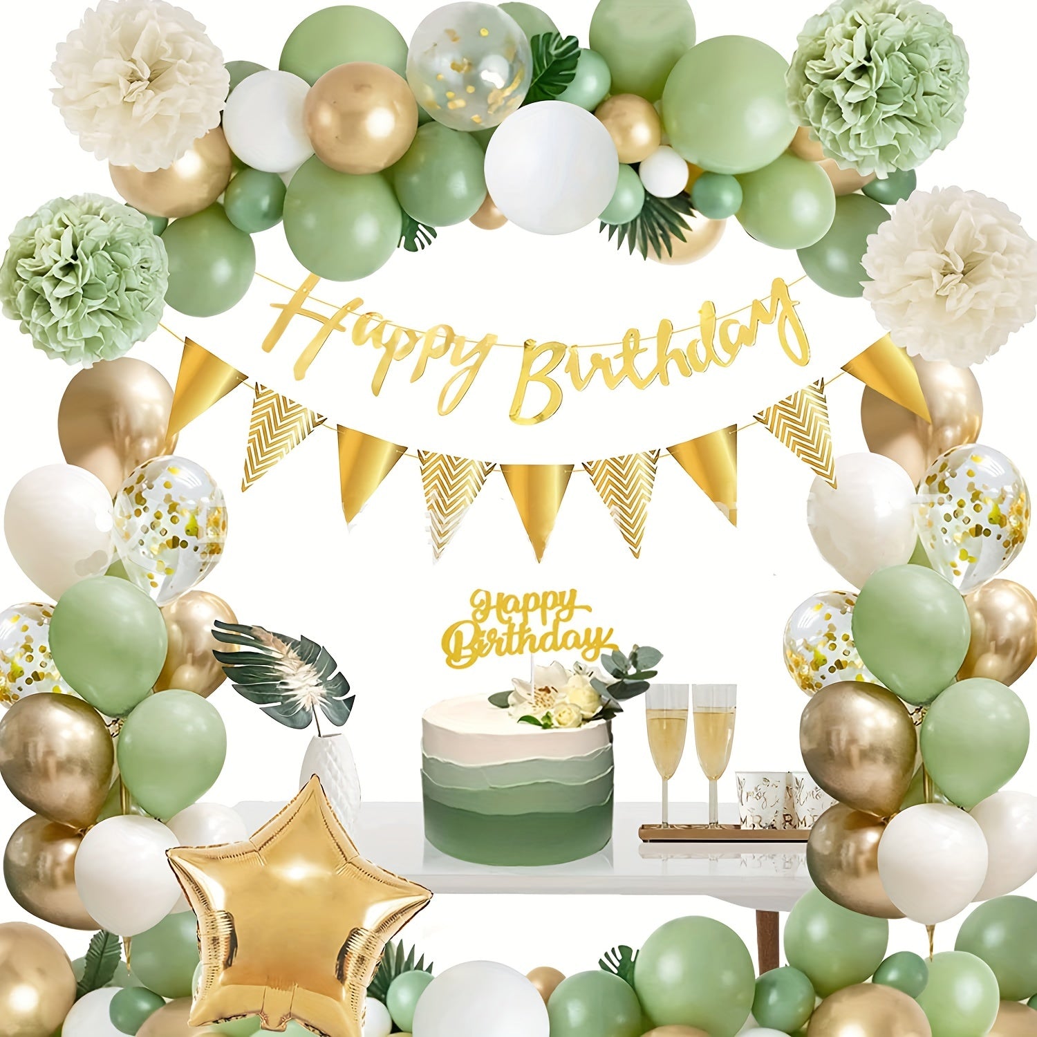 Happy Birthday Balloon Arch Garland Green Golden Confetti Latex Aluminum Foil St