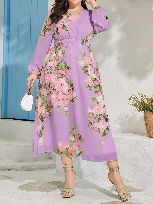  Abaya Dress Floral Print Lantern Sleeve V Neck Maxi Jalabiya Dress