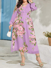  Abaya Dress Floral Print Lantern Sleeve V Neck Maxi Jalabiya Dress