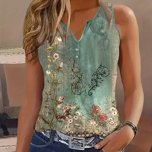  Floral Print Button Decor Notched Neck Tank Top