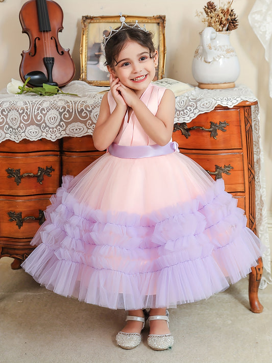 Girls Sleeveless V Neck Mesh Princess Dress with Bowknot Belt