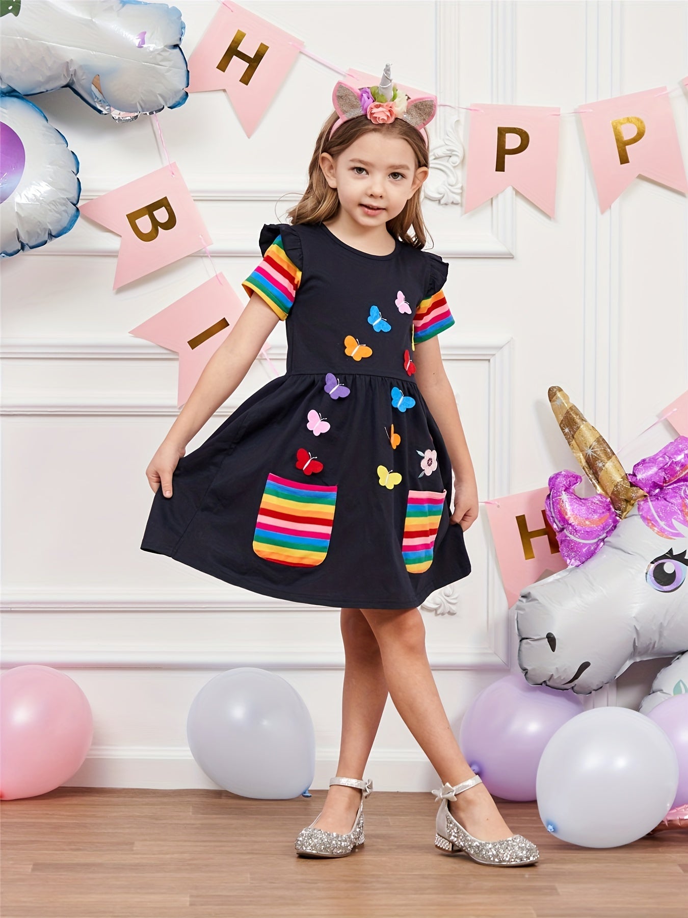 Girls Ruffles Butterfly Embroidery Rainbow Cotton Dress