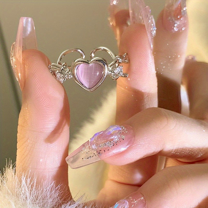 Love Heart Cat Eye Stone Ring Opening Adjustable Jewelry