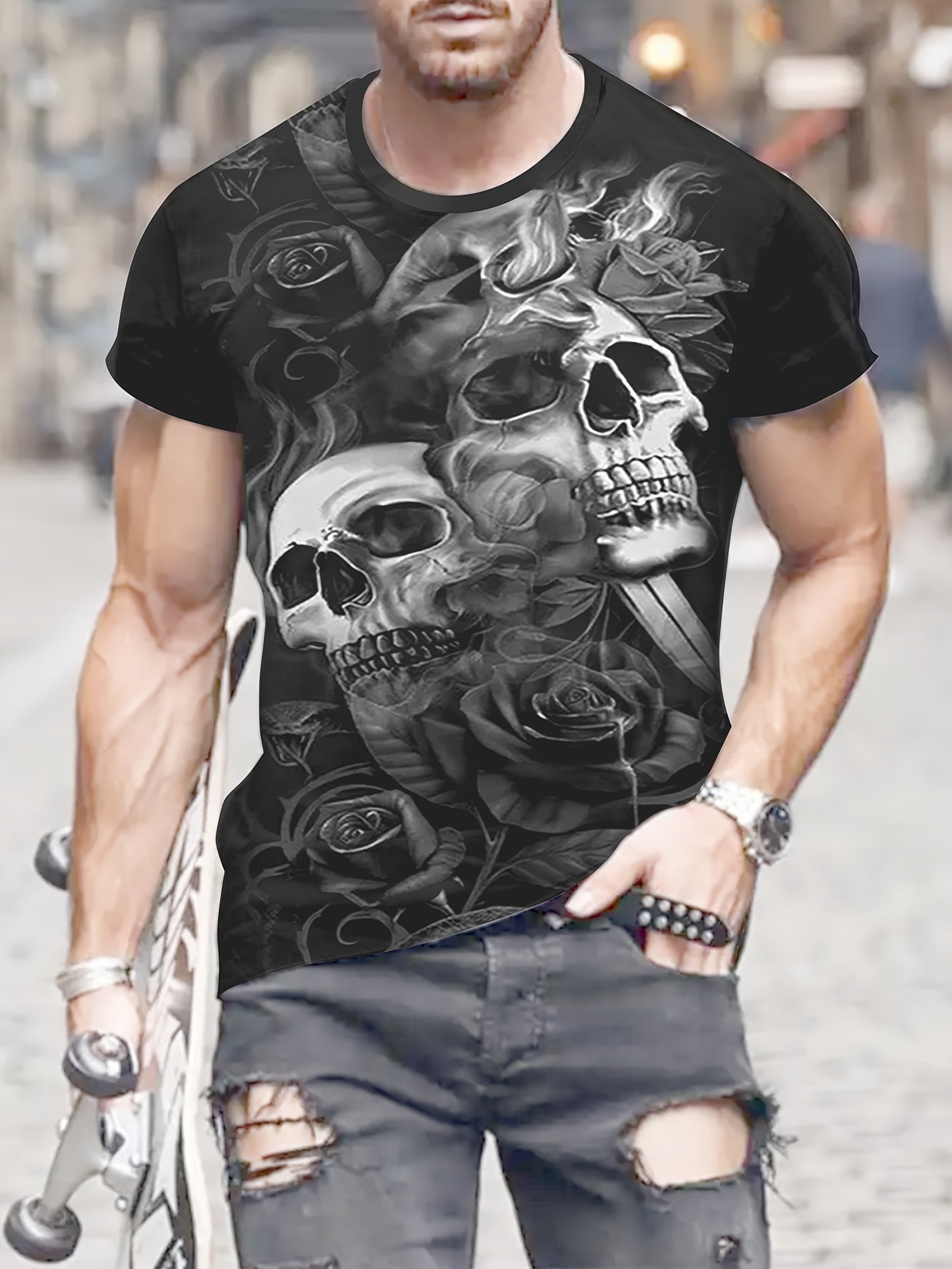 Skull 3D Pattern Print Men's Short Sleeve T-shirt Graphic Tee