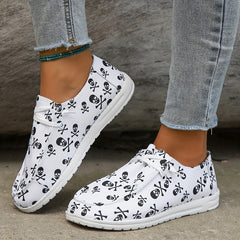 Skull Pattern Flat Loafers Lace Up Canvas Shoes Lightweight Daily Shoes