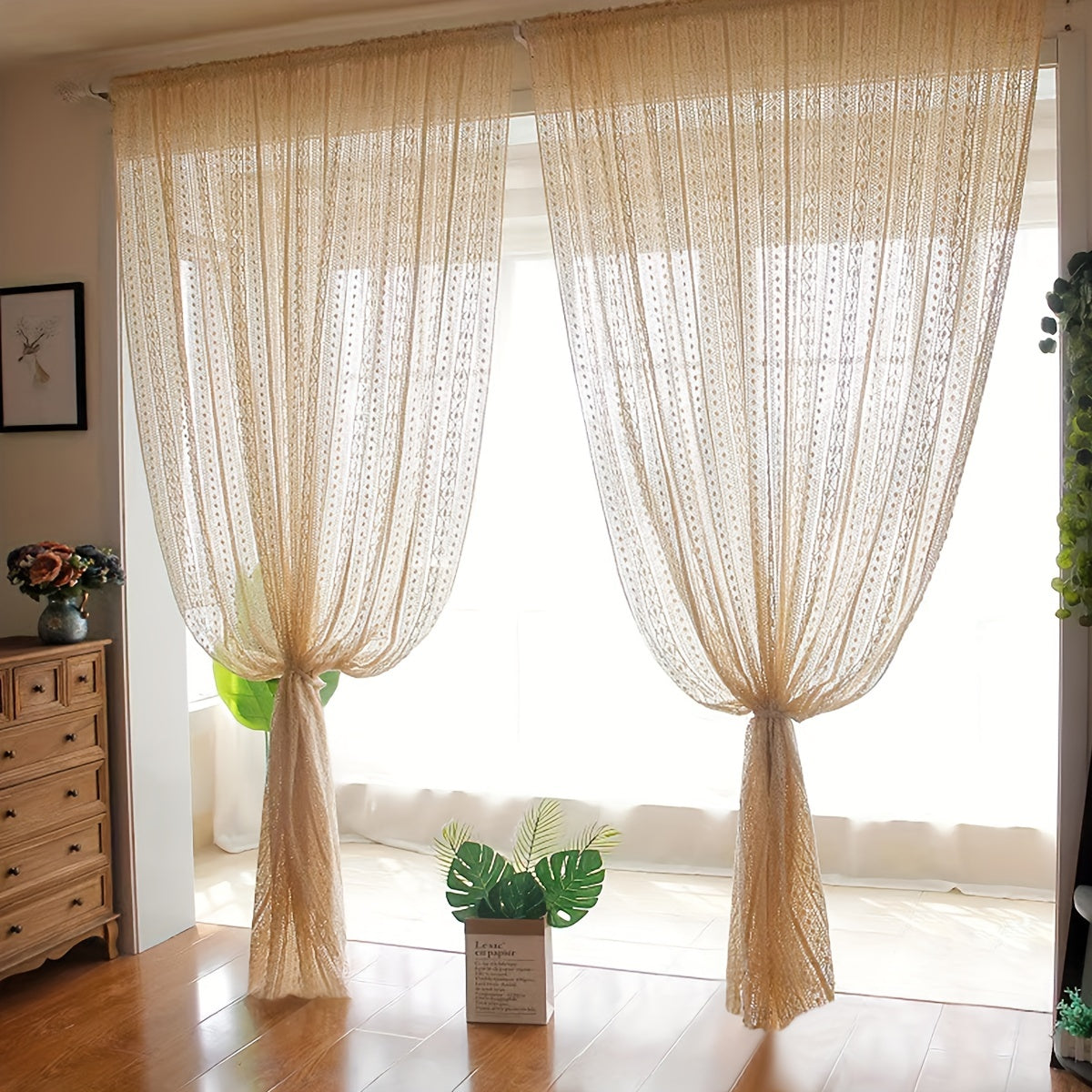 Japanese Style Hollow Striped Sheer Curtain Crochet Style Argyle Pattern