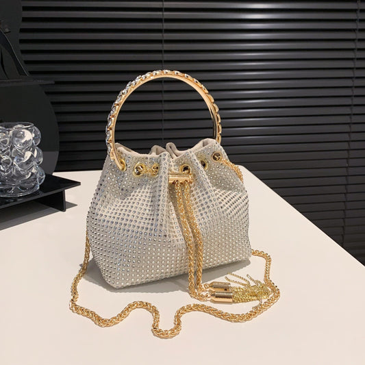 Rhinestone Bucket Bag Top Ring Clutch Purse Drawstring Crossbody Bag